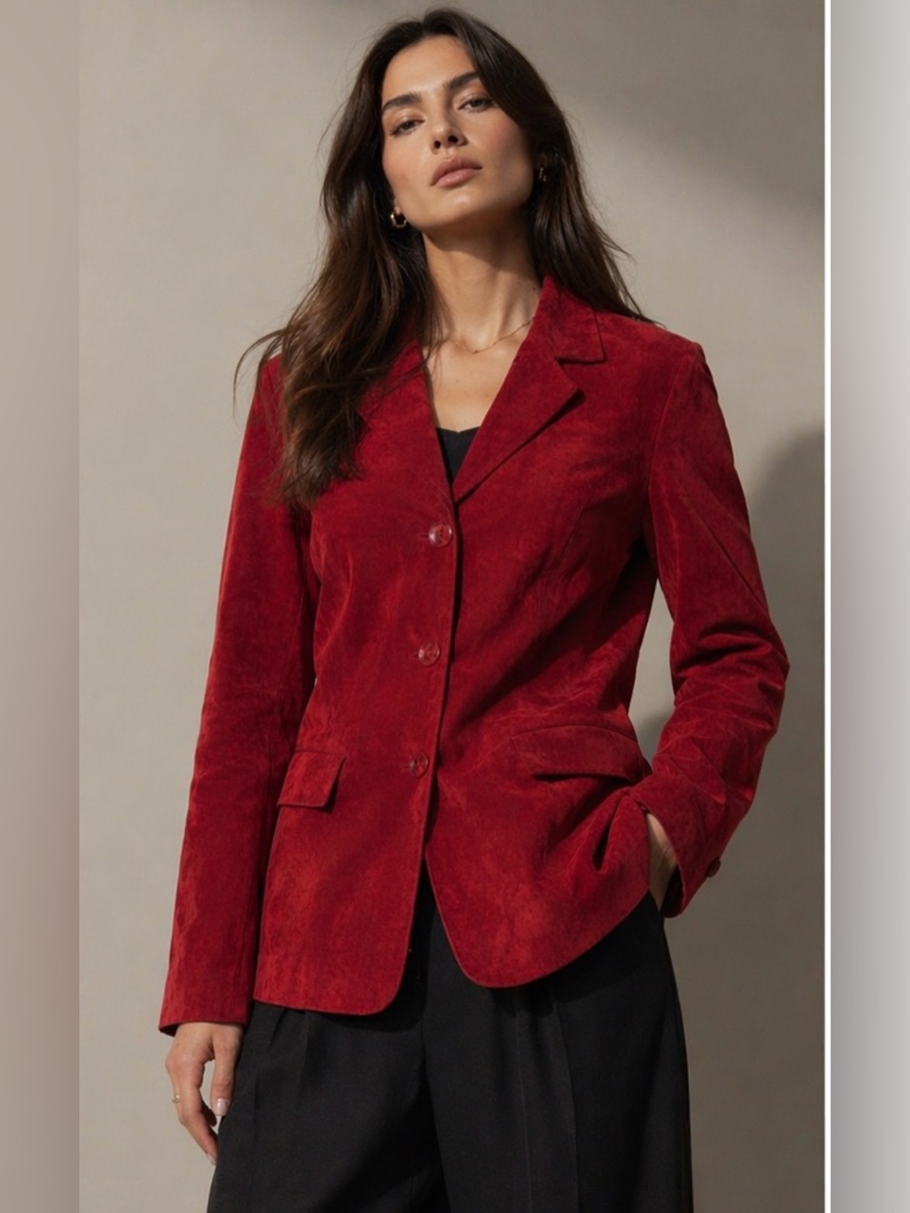 Dennis Basso Red Washable Suede Button Front Blazer Jacket Satin Lined. M